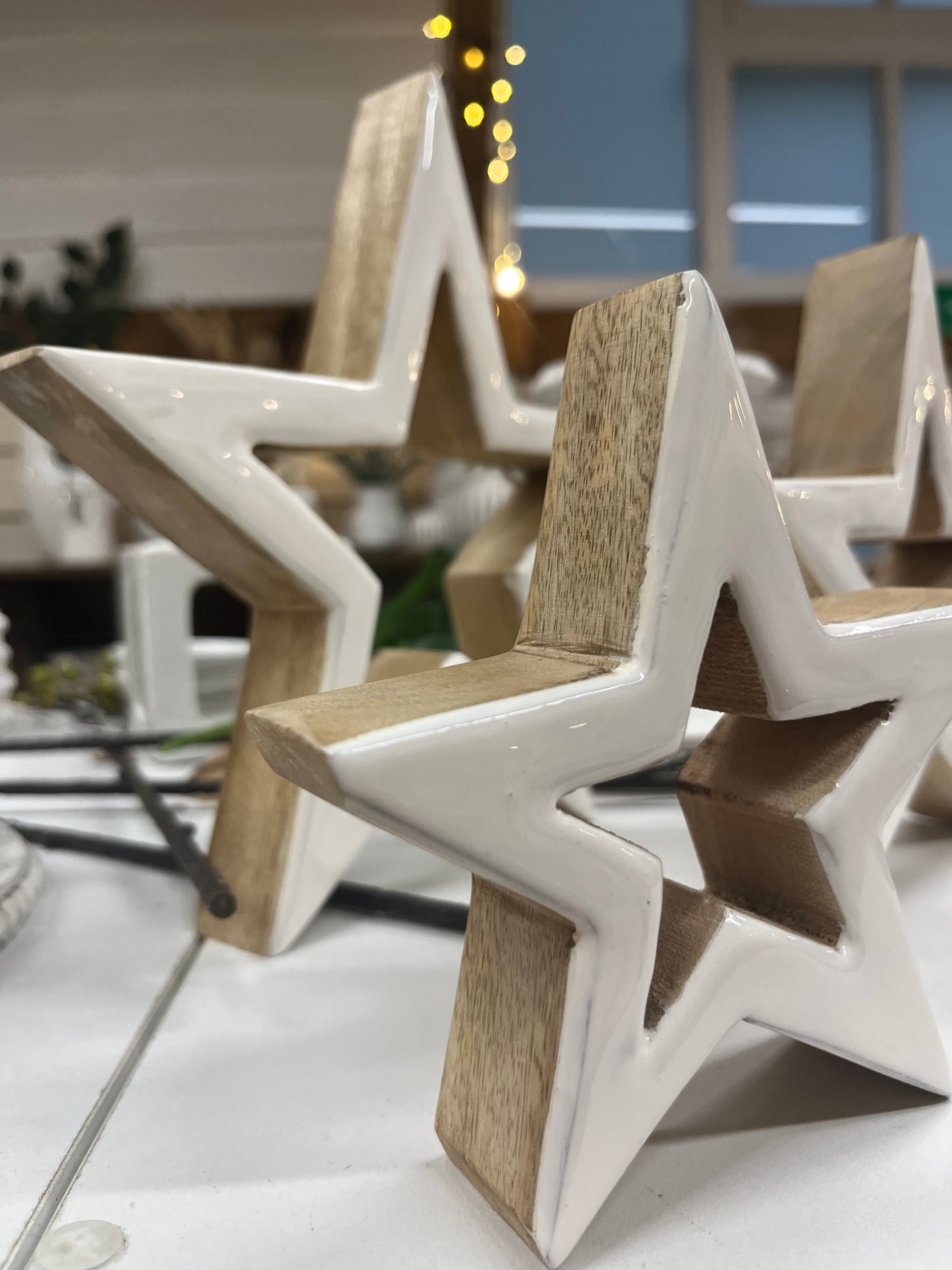 Set of Three White Enamel Wooden Stars