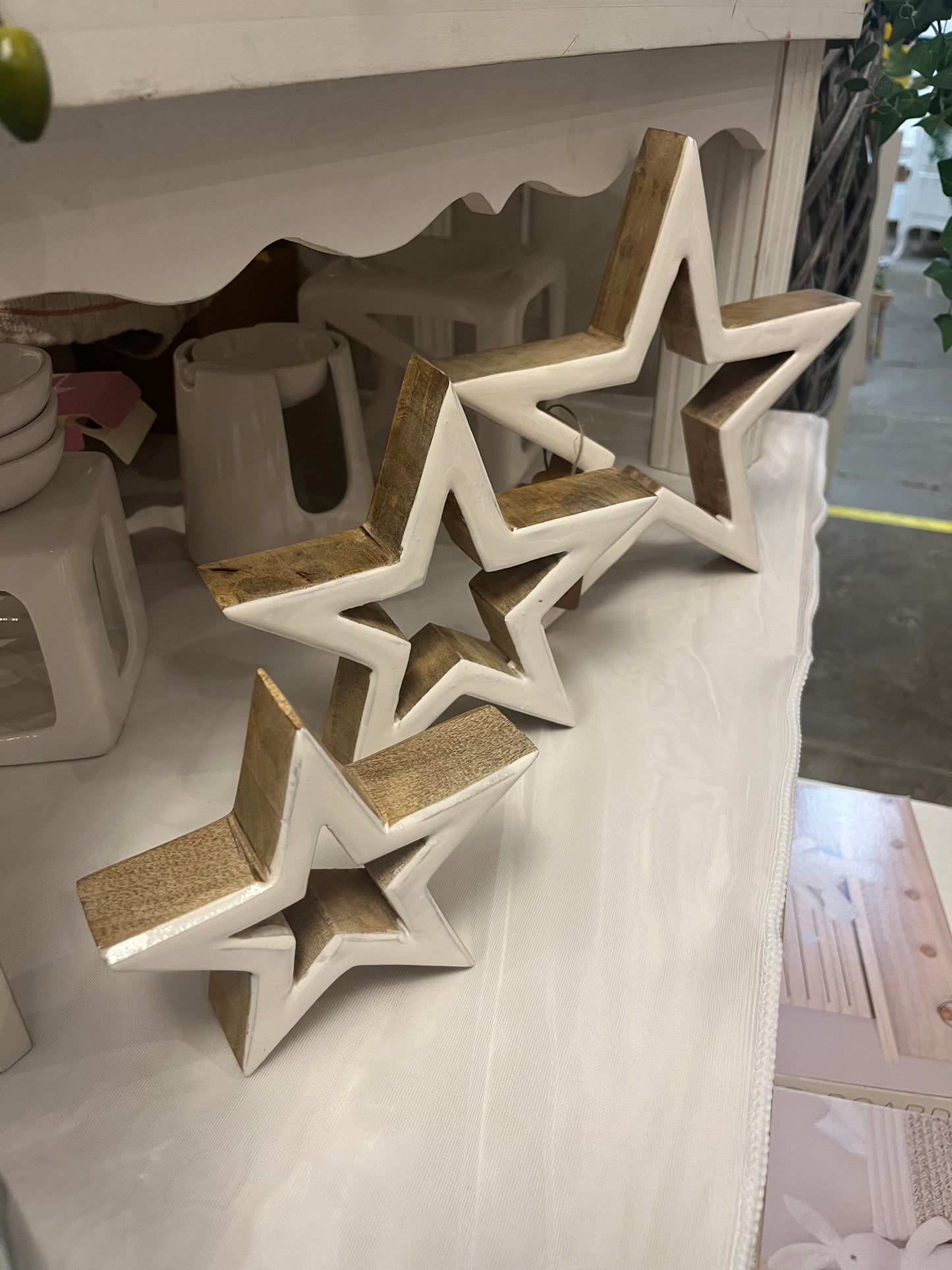 Set of Three White Enamel Wooden Stars