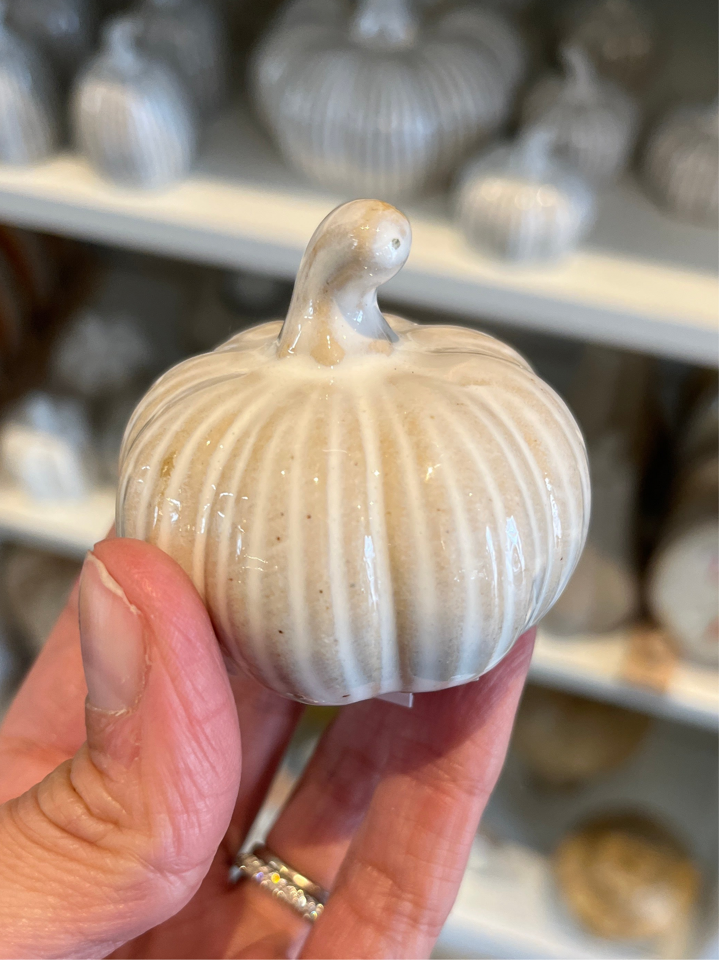 Cream Ribbed Glazed Pumpkin Ornament 5.5cm