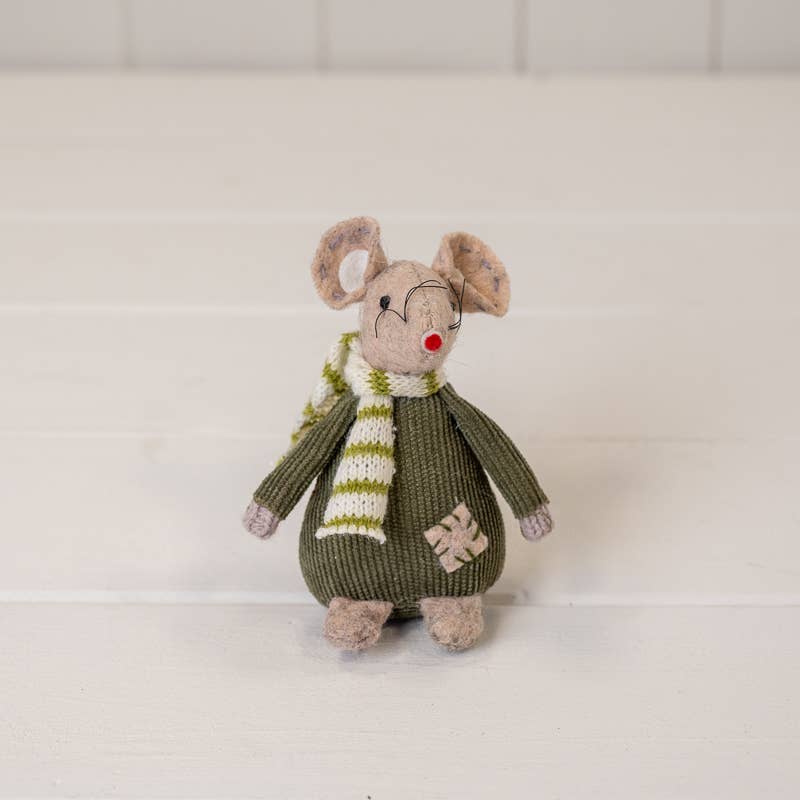 Fabric Mouse With Green Jumper And Stripey Scarf