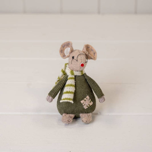 Fabric Mouse With Green Jumper And Stripey Scarf