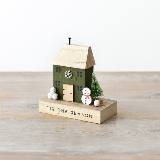 Dark Green Wooden House Block with Snowman