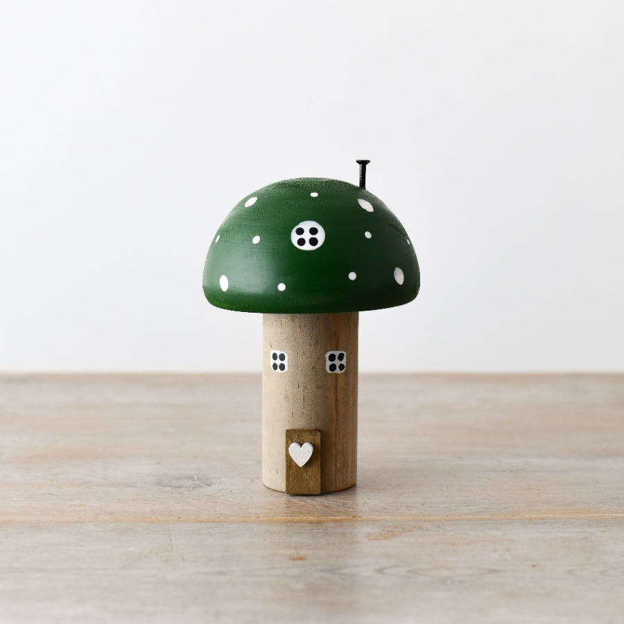 Dark Green Wooden Mushroom House 14cm