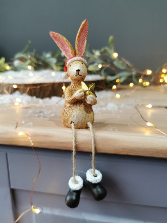 Sitting Rabbit With Santa Hat And Gold Star