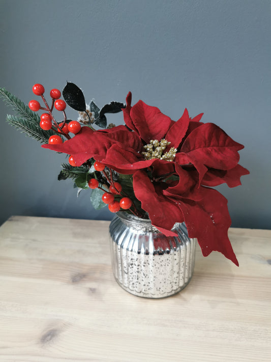 Red Poinsettia In Silver Pleated Glass Vase