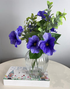 Purple Pansy In Glass Ribbed Vase